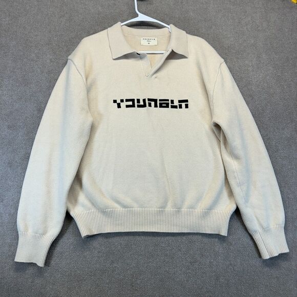 YoungLA 508 Knitted Long Sleeve Polo Sweater Men's Medium Pullover Cream Jumper